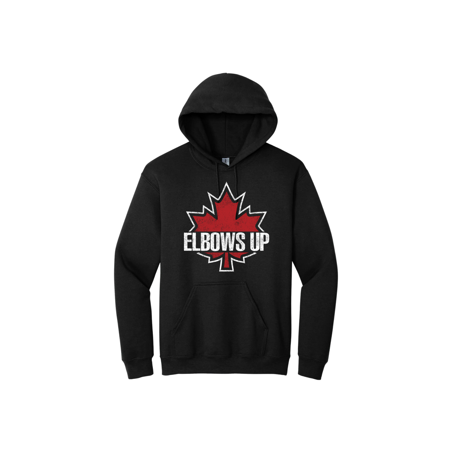 Black unisex hoodie featuring text reading 'Elbows Up' on top of a large red maple leaf.