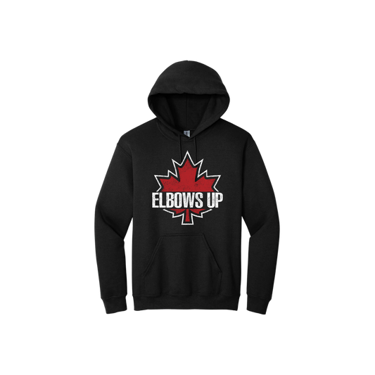 Black unisex hoodie featuring text reading 'Elbows Up' on top of a large red maple leaf.