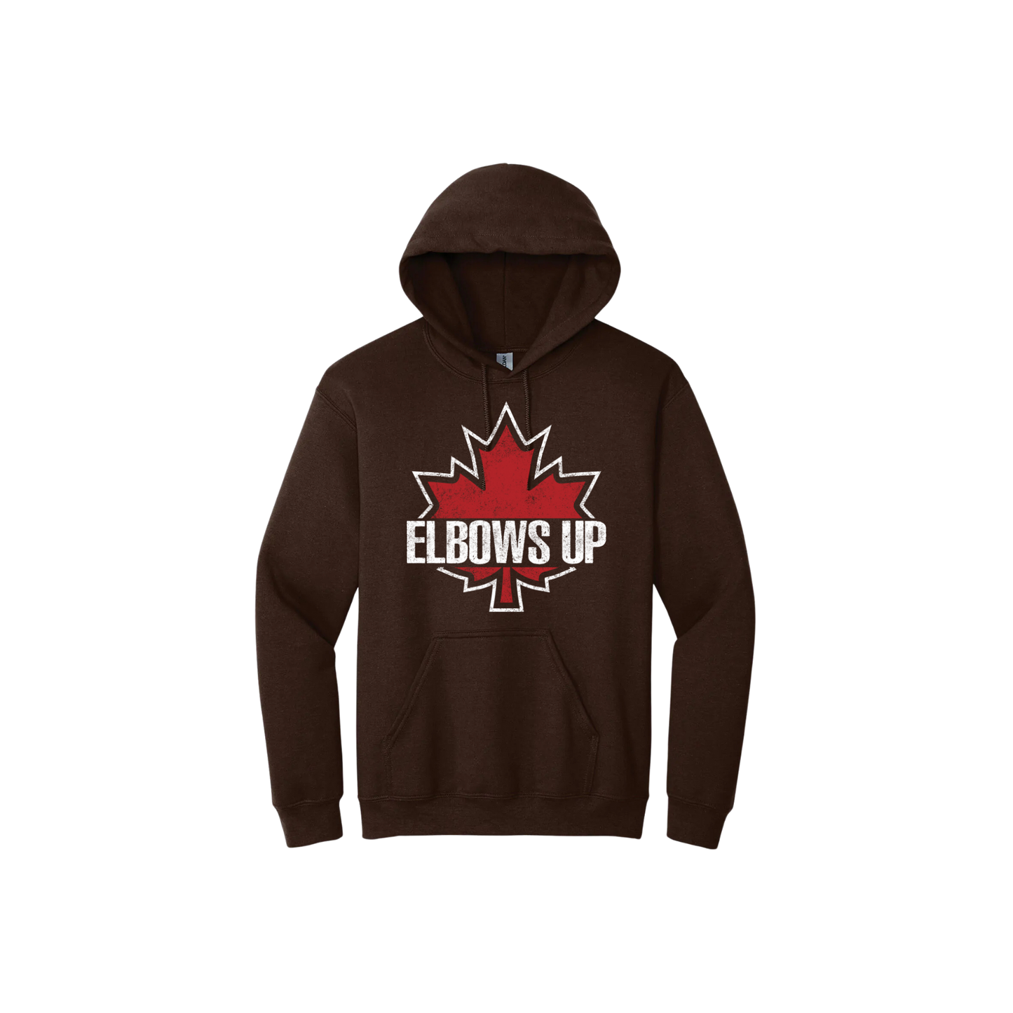 Brown unisex hoodie featuring text reading 'Elbows Up' on top of a large red maple leaf.