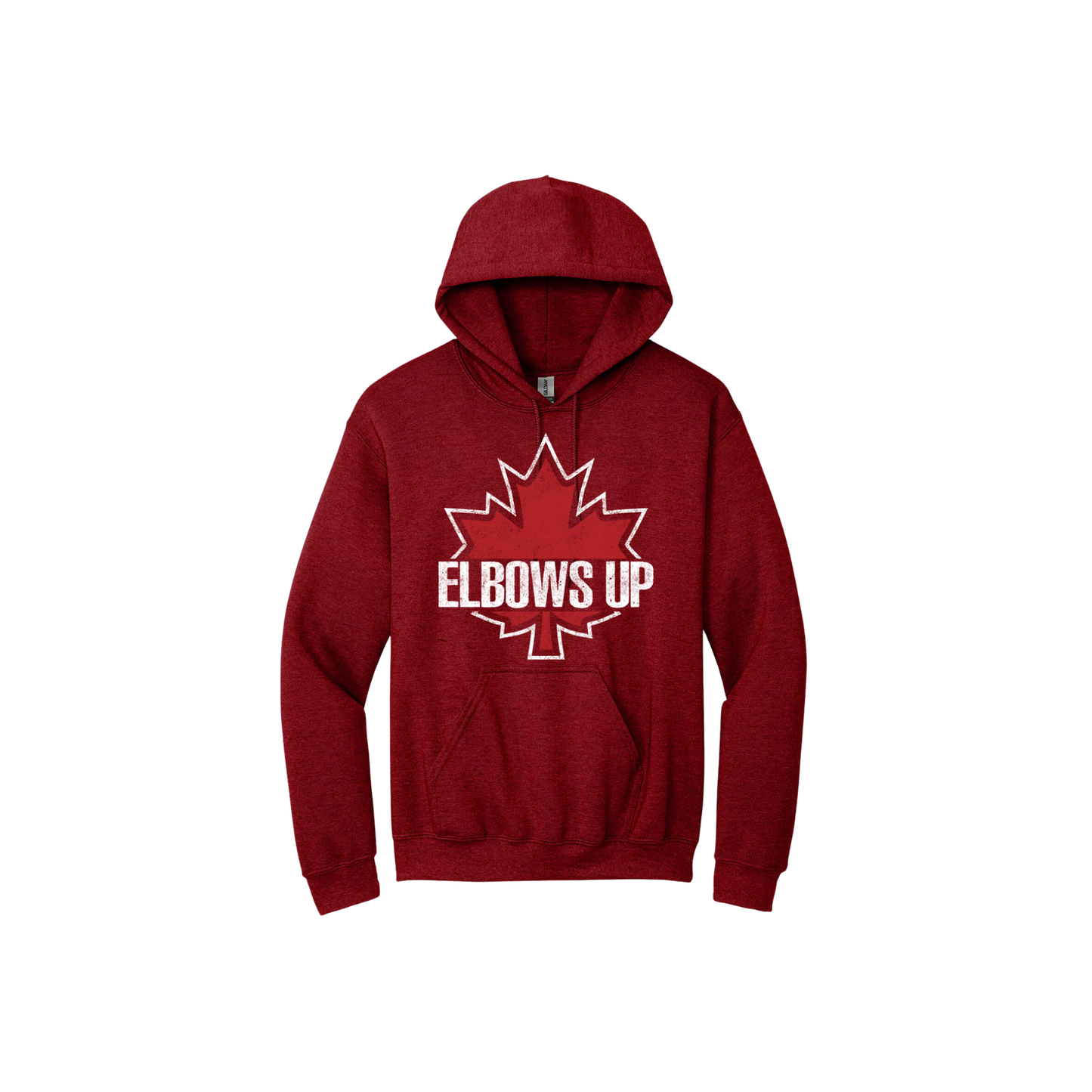 Red unisex hoodie featuring text reading 'Elbows Up' on top of a large red maple leaf.