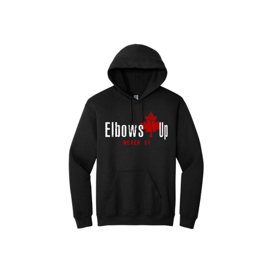 Black unisex hoodie featuring text that reads 'Elbows Up Never 51' featuring a red Maple leaf.