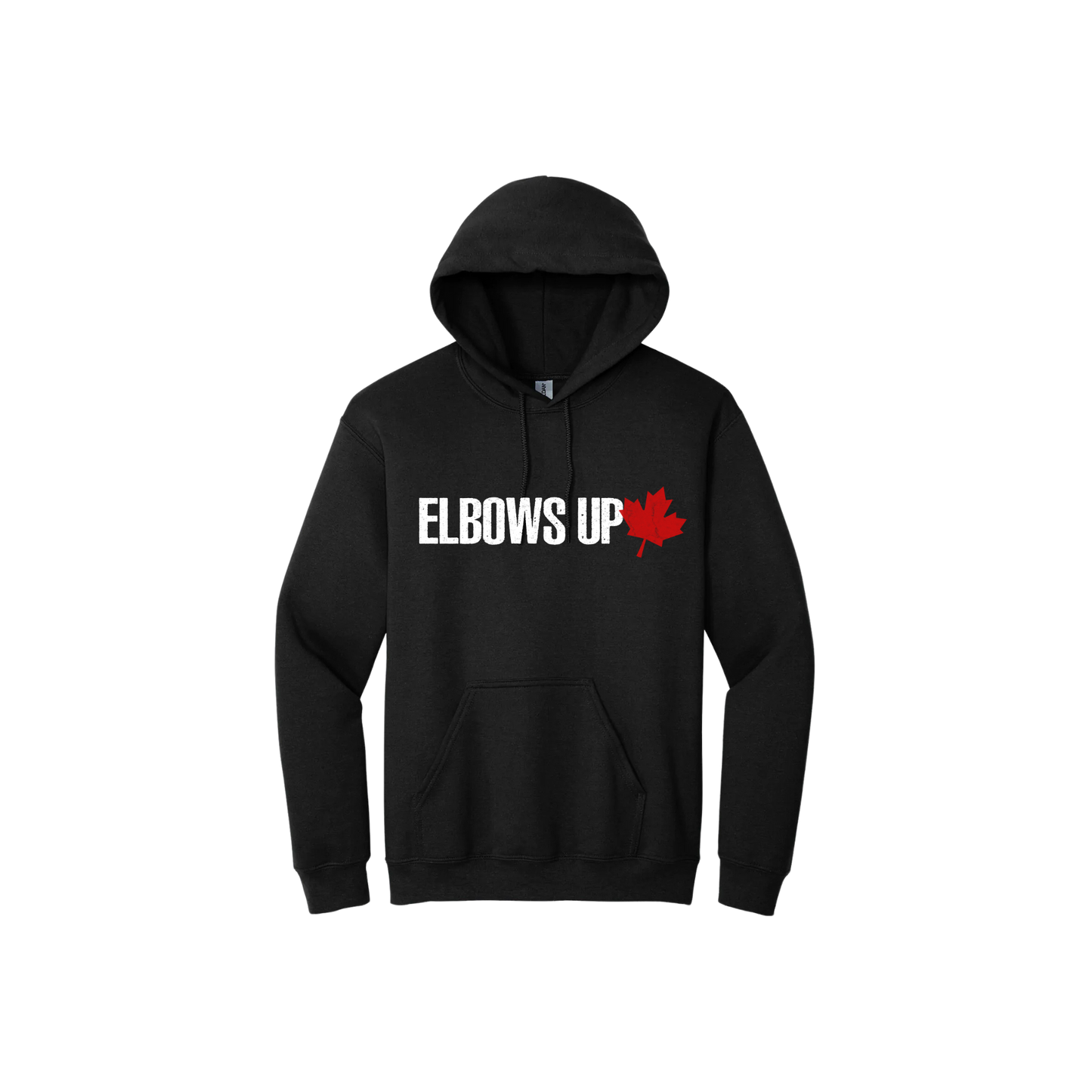 Black unisex hoodie featuring text that reads 'Elbows Up' along side a red Canadian Maple leaf.