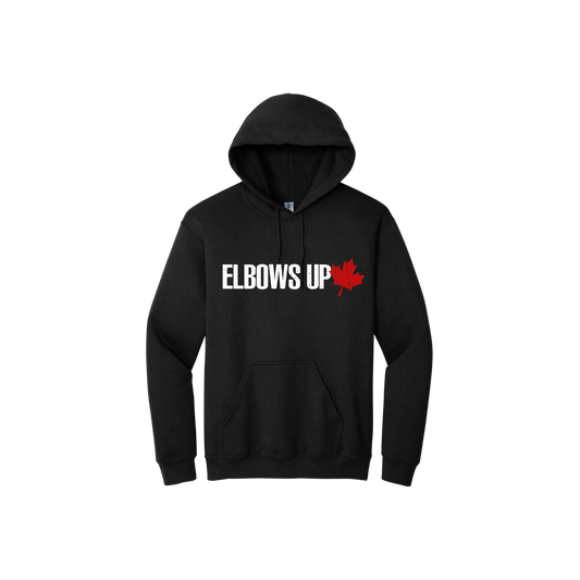 Black unisex hoodie featuring text that reads 'Elbows Up' along side a red Canadian Maple leaf.