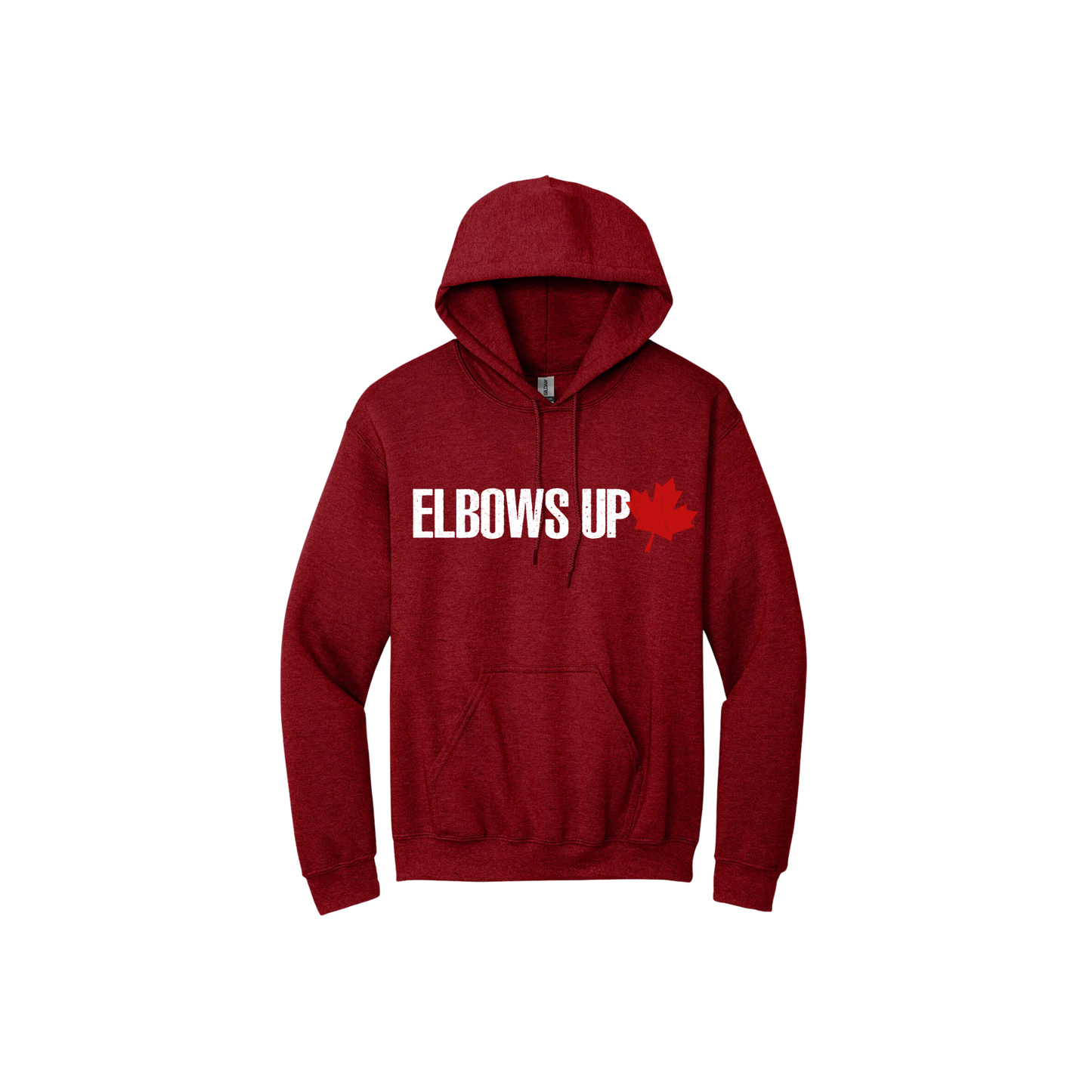 Red unisex hoodie featuring text that reads 'Elbows Up' along side a red Canadian Maple leaf.
