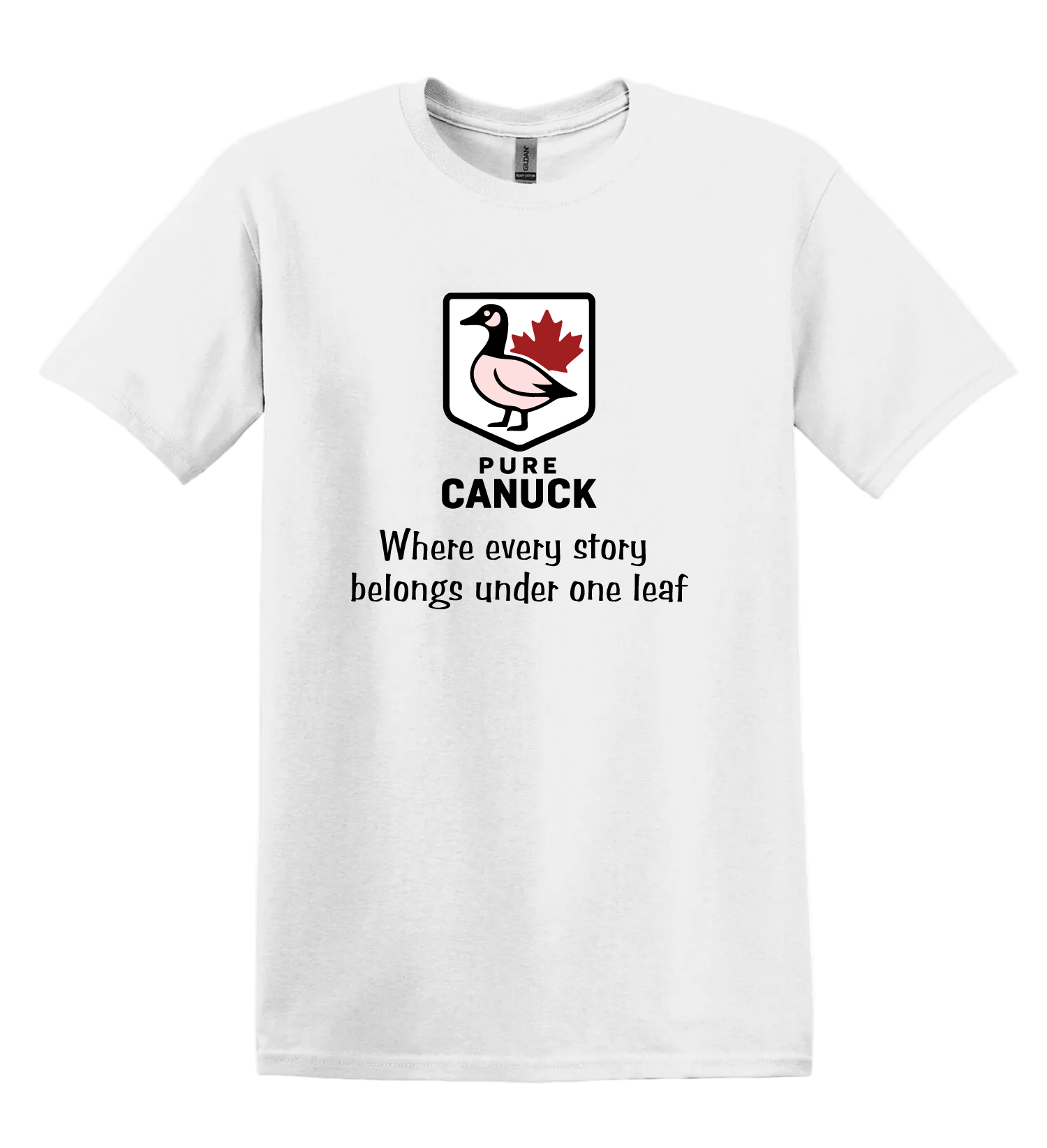 White unisex tshirt featuring the pure canuck logo in the center along with the text 'Where every story belongs under one leaf'