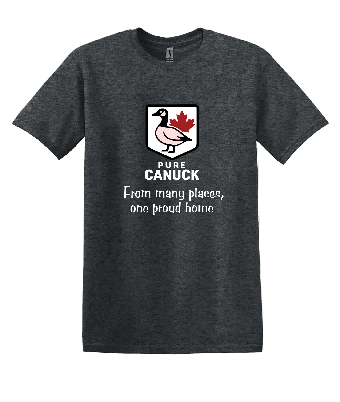 Dark heather unisex tshirt featuring the pure canuck logo in the center along with the text 'From many places, one proud home'