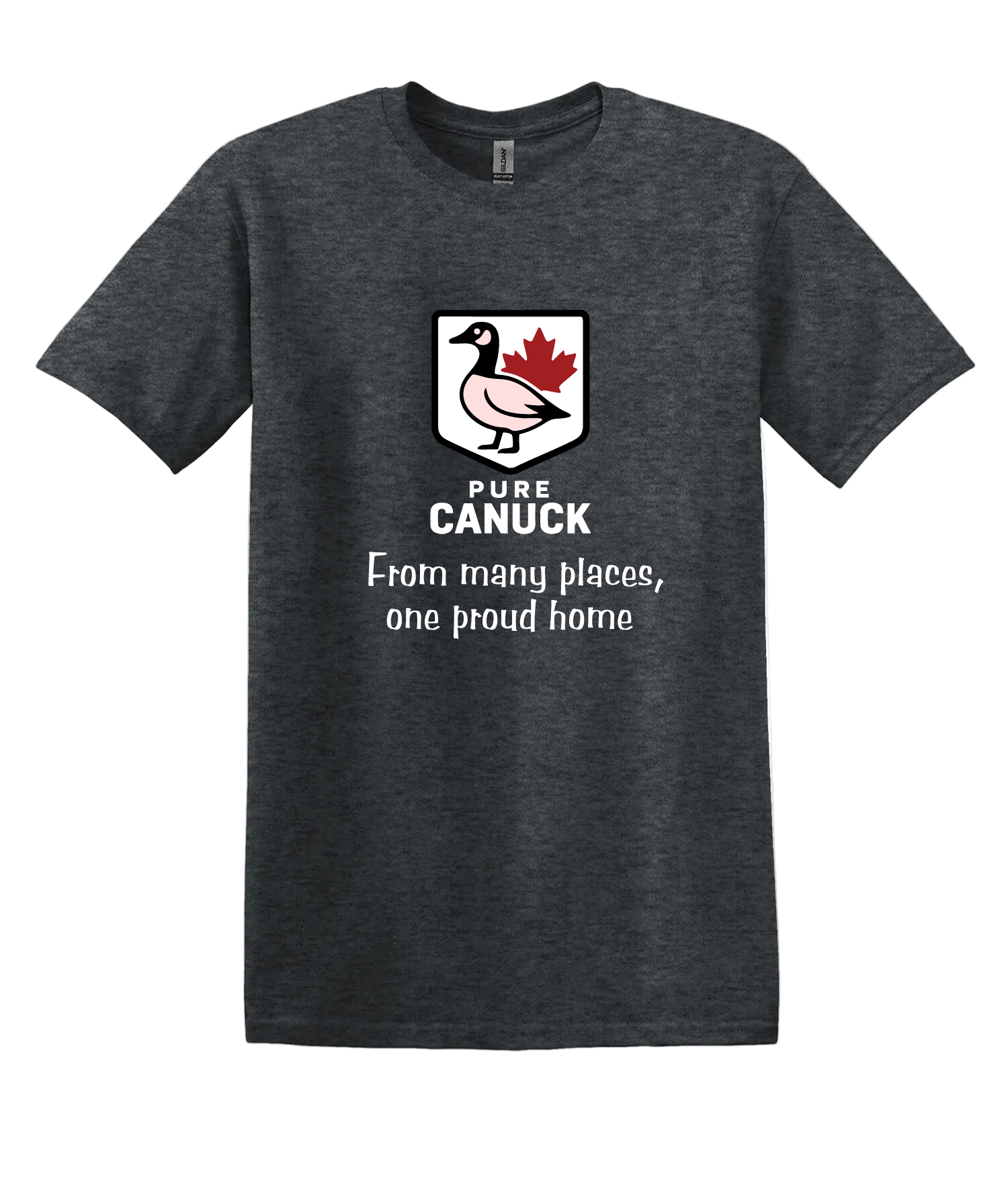 Dark heather unisex tshirt featuring the pure canuck logo in the center along with the text 'From many places, one proud home'