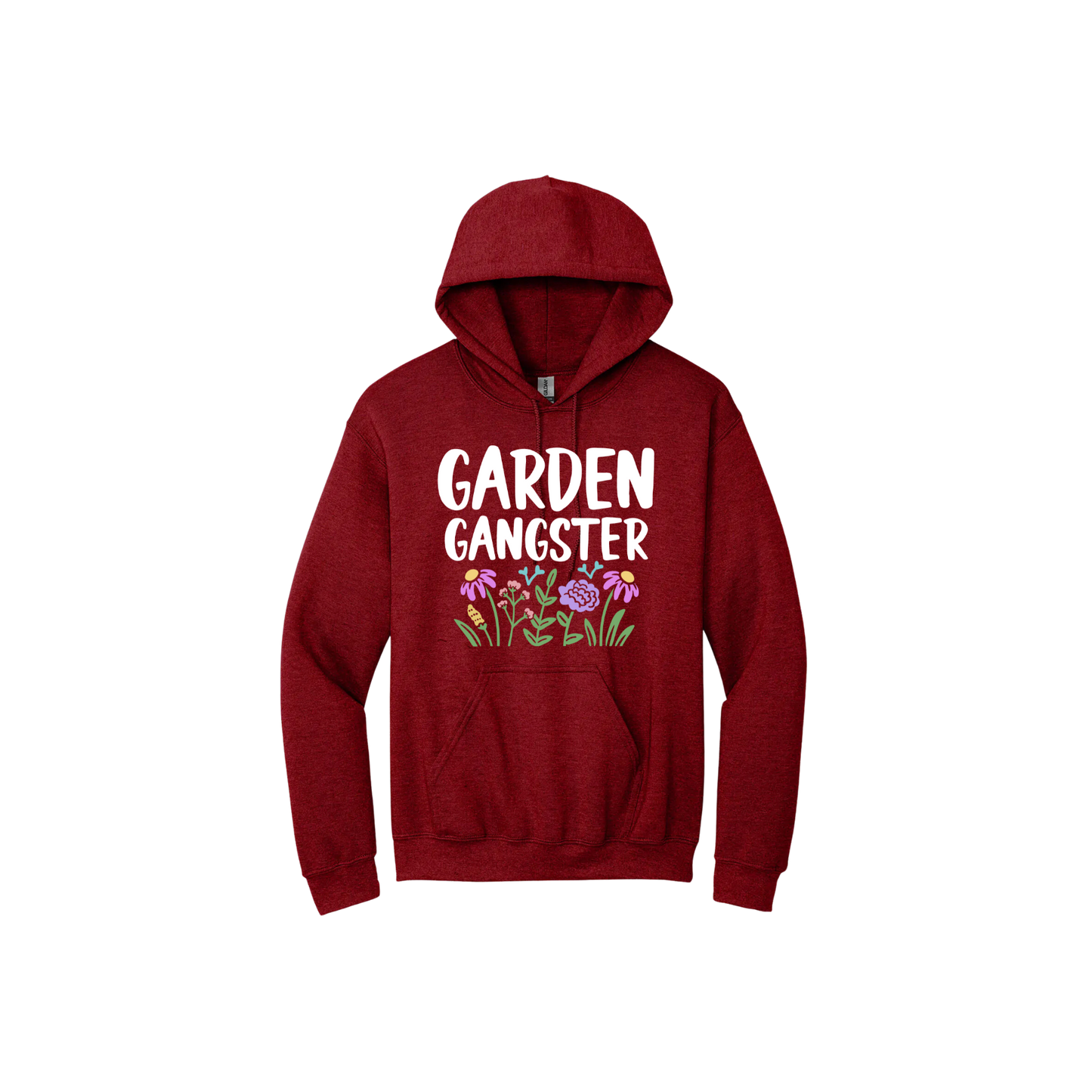 Cherry red unisex hoodie with white text reading 'Garden Gangster' with graphics of flowers underneath.