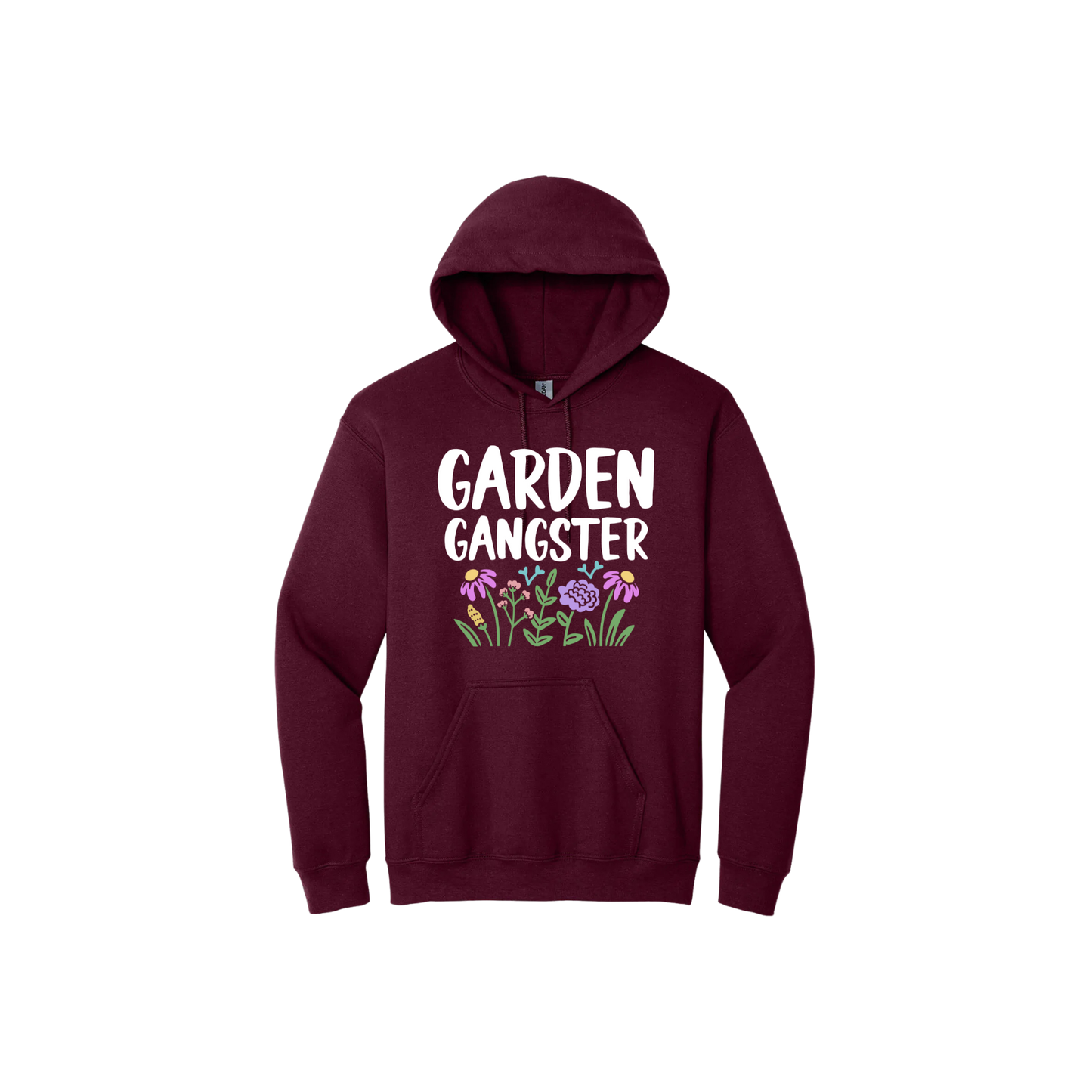 Maroon unisex hoodie with white text reading 'Garden Gangster' with graphics of flowers underneath.