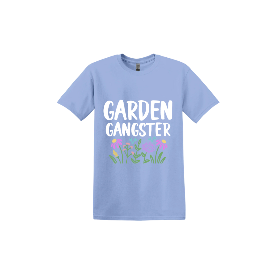 Carolina blue unisex tshirt with white text reading 'Garden Gangster' with graphics of flowers underneath.