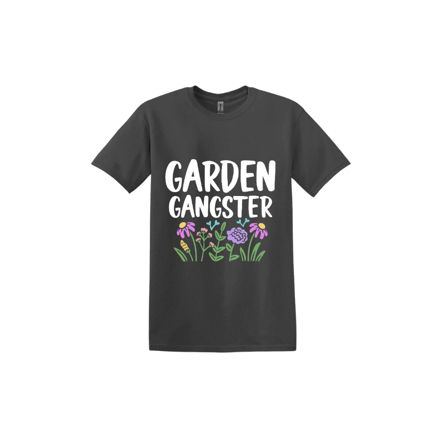 Charcoal unisex tshirt with white text reading 'Garden Gangster' with graphics of flowers underneath.