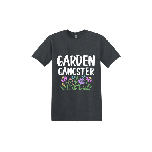 Dark heather unisex tshirt with white text reading 'Garden Gangster' with graphics of flowers underneath.