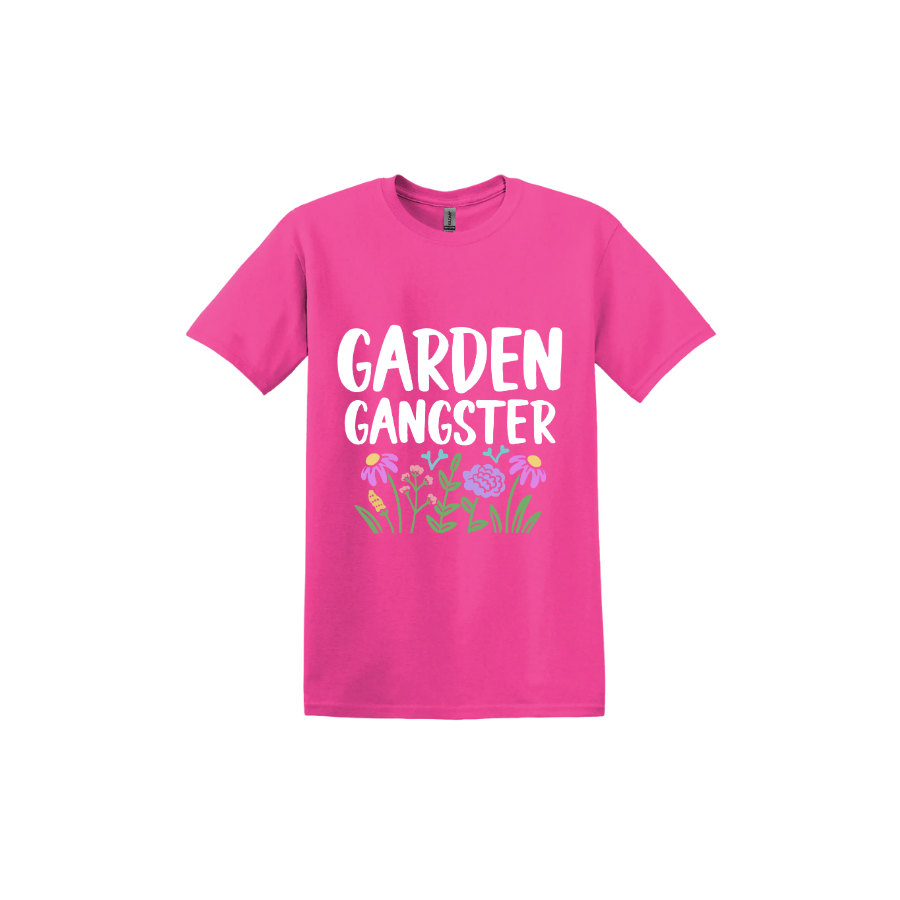 Heliconia unisex tshirt with white text reading 'Garden Gangster' with graphics of flowers underneath.