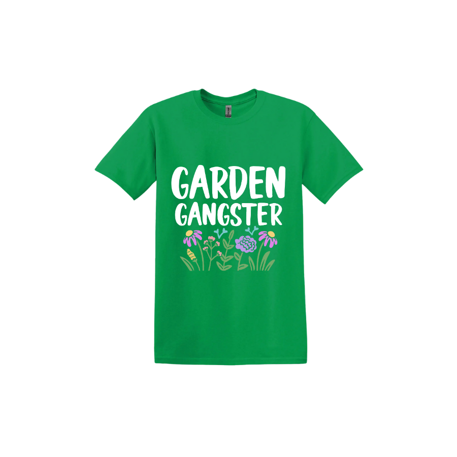 Irish green unisex tshirt with white text reading 'Garden Gangster' with graphics of flowers underneath.