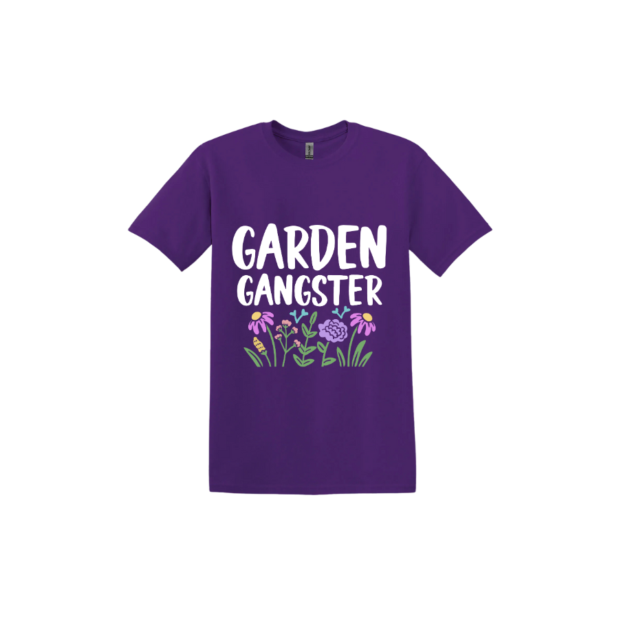 Purple unisex tshirt with white text reading 'Garden Gangster' with graphics of flowers underneath.