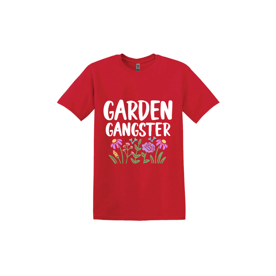 Red unisex tshirt with white text reading 'Garden Gangster' with graphics of flowers underneath.