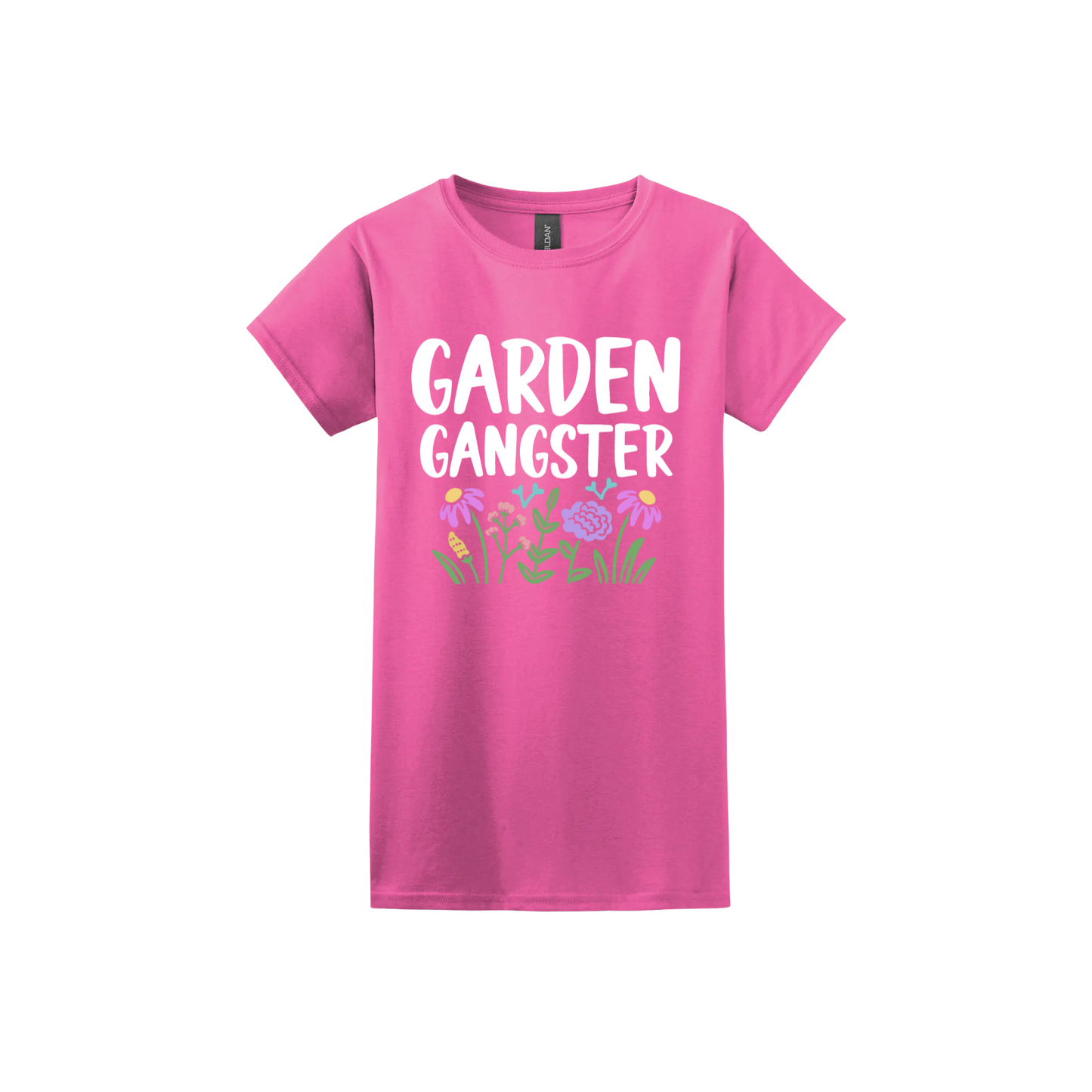 Azalea womens tshirt with white text reading 'Garden Gangster' with graphics of flowers underneath.