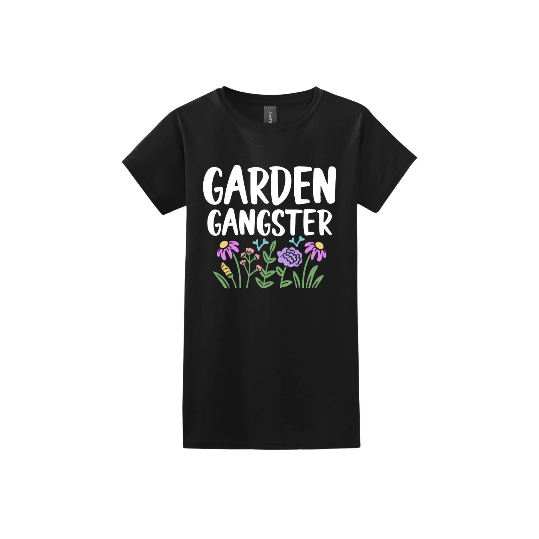 Black womens tshirt with white text reading 'Garden Gangster' with graphics of flowers underneath.