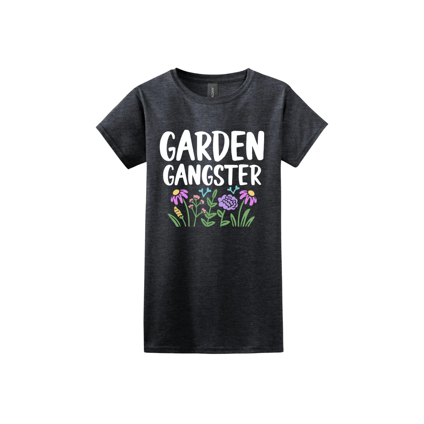 Dark heather womens tshirt with white text reading 'Garden Gangster' with graphics of flowers underneath.