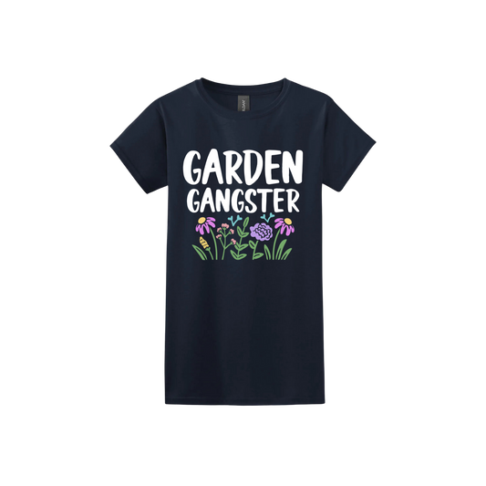 Navy womens tshirt with white text reading 'Garden Gangster' with graphics of flowers underneath.