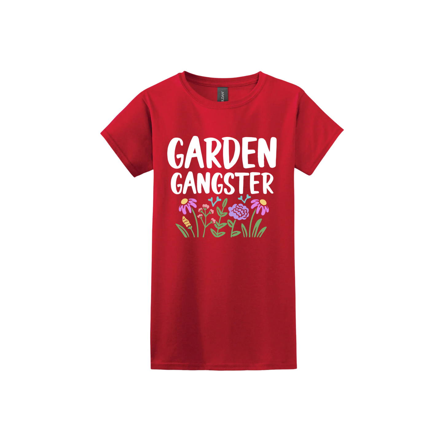 Red womens tshirt with white text reading 'Garden Gangster' with graphics of flowers underneath.