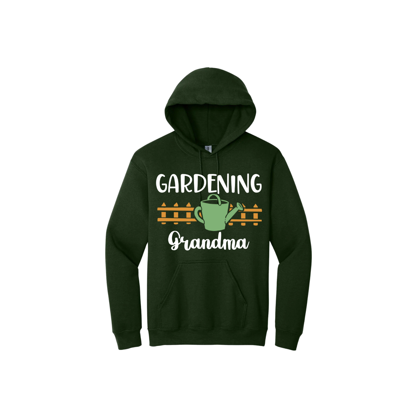 Green unisex hoodie featuring white text reading 'Gardening Grandma' with graphics of a picket fence and a green watering can.