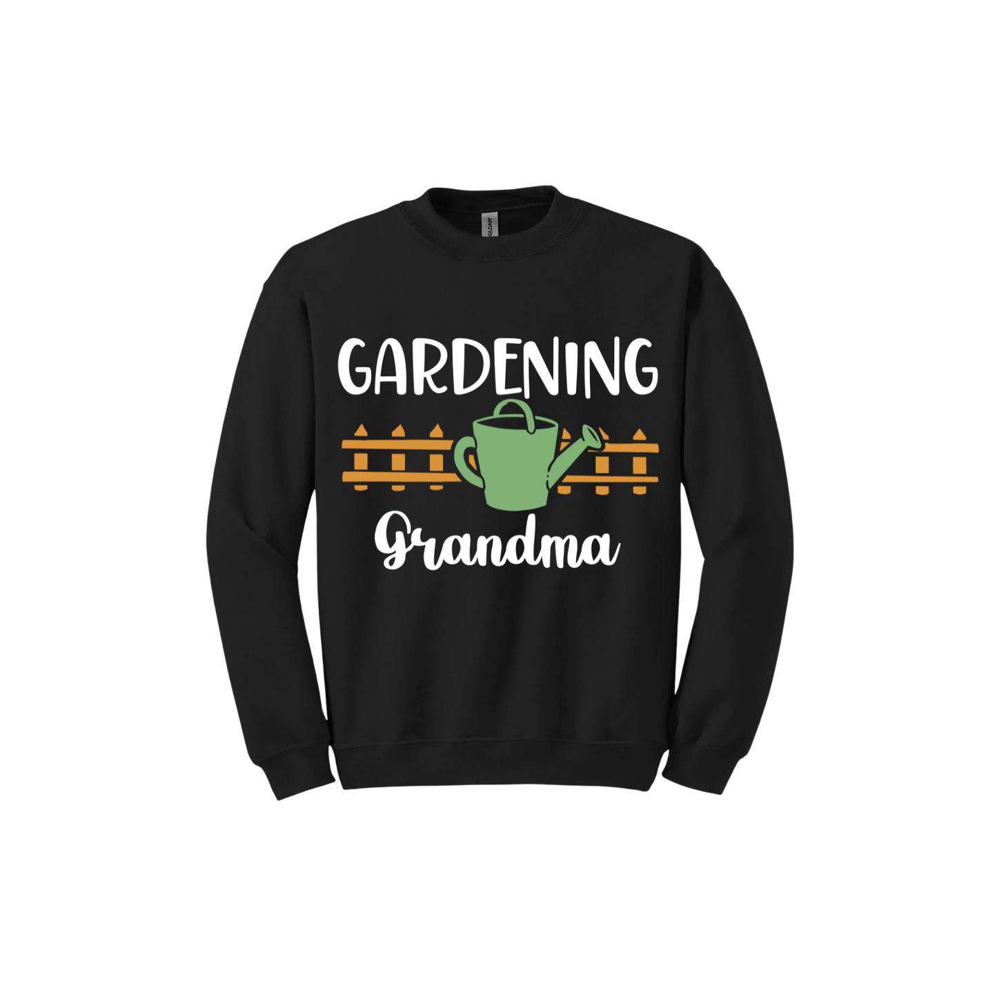 Black unisex sweatshirt with white text reading 'Gardening Grandma' with graphics of a picket fence and a green watering can.