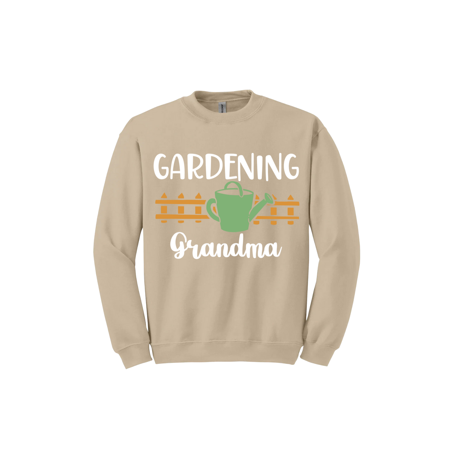 Sand unisex sweatshirt with white text reading 'Gardening Grandma' with graphics of a picket fence and a green watering can.