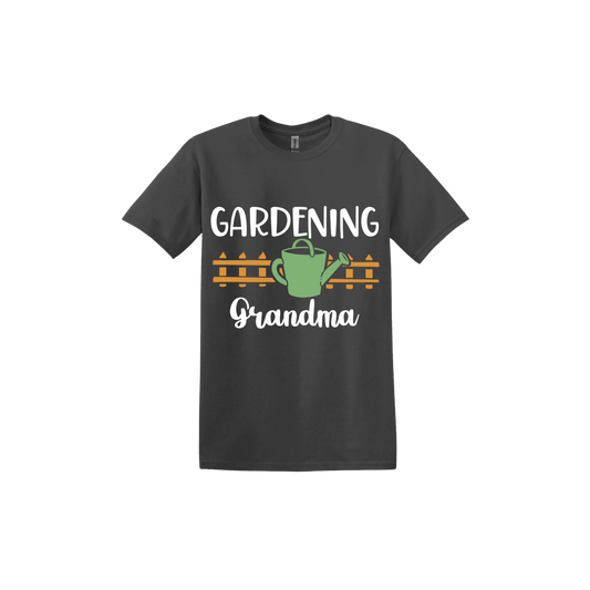 Charcoal unisex tshirt with white text reading 'Gardening Grandma' with graphics of a picket fence and a green watering can.