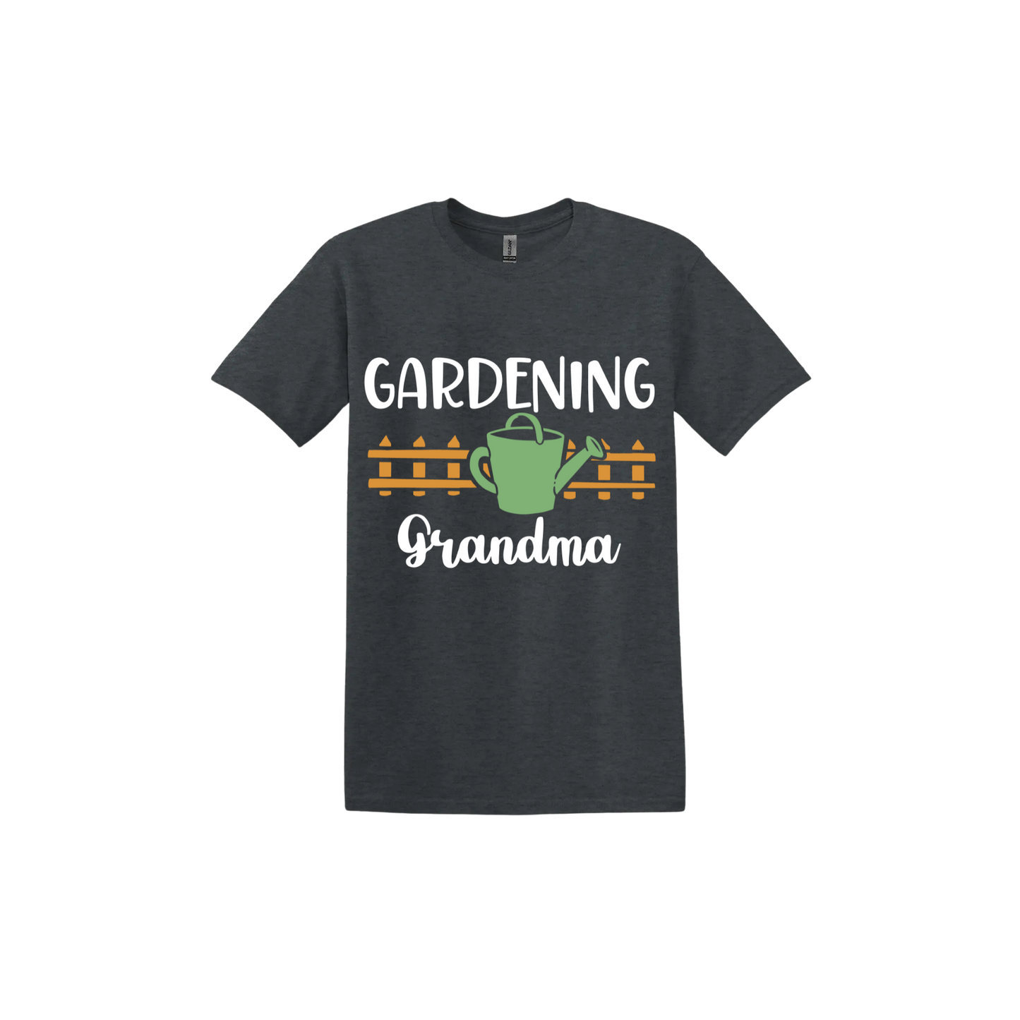 Dark heather unisex tshirt with white text reading 'Gardening Grandma' with graphics of a picket fence and a green watering can.