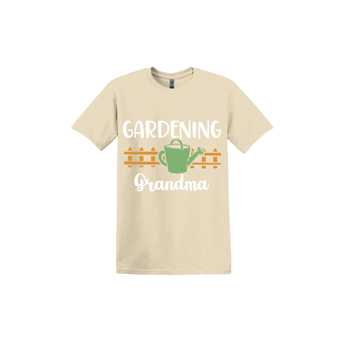 Sand unisex tshirt with white text reading 'Gardening Grandma' with graphics of a picket fence and a green watering can.