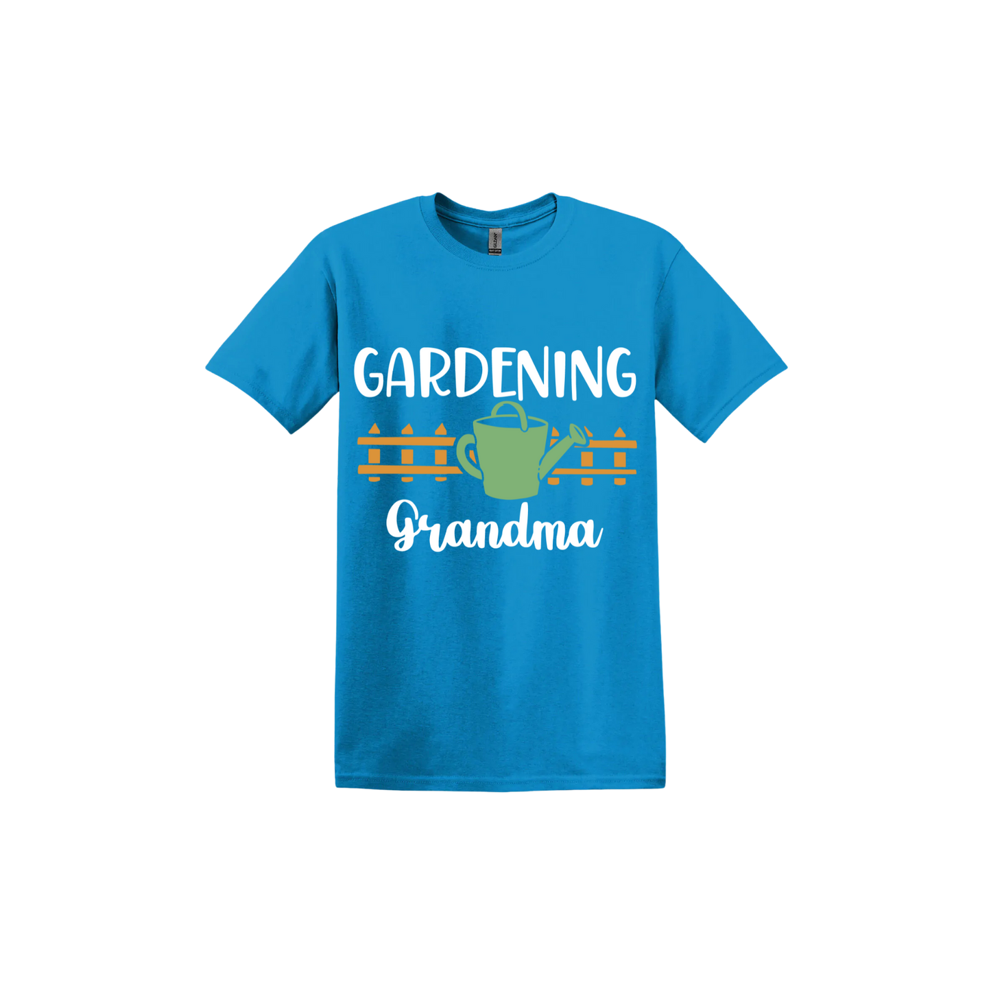 Sapphire unisex tshirt with white text reading 'Gardening Grandma' with graphics of a picket fence and a green watering can.