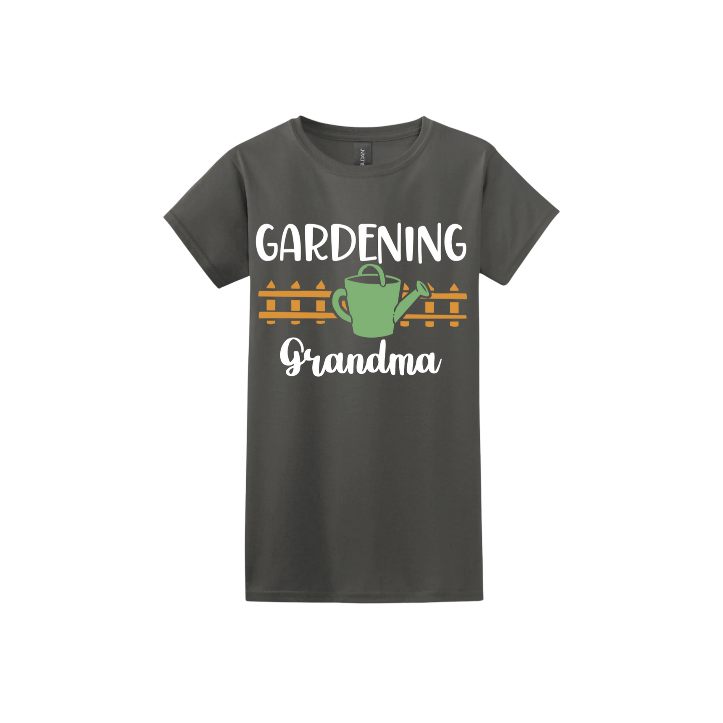 Charcoal womens tshirt with white text reading 'Gardening Grandma' with graphics of a picket fence and a green watering can.