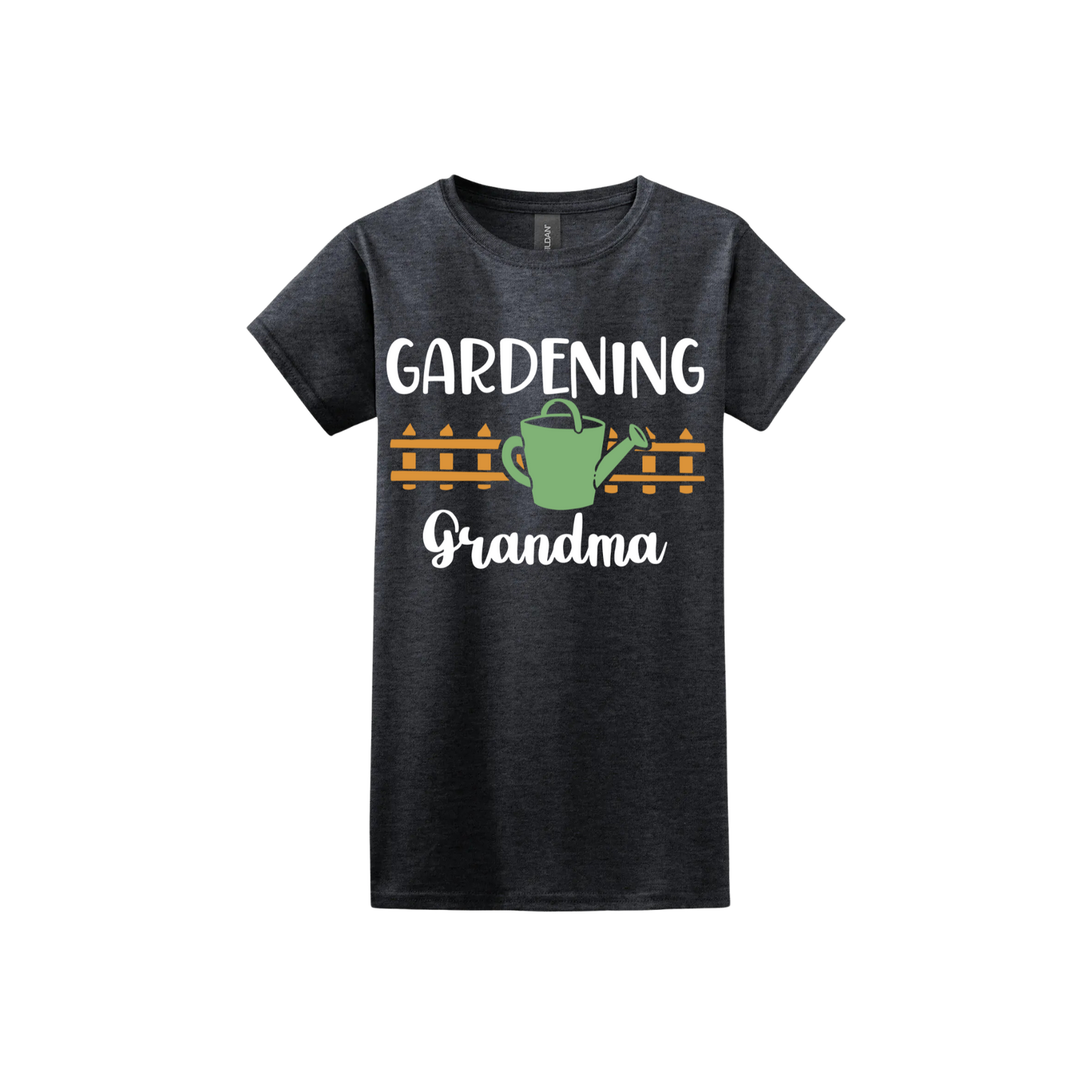 Dark heather womens tshirt with white text reading 'Gardening Grandma' with graphics of a picket fence and a green watering can.