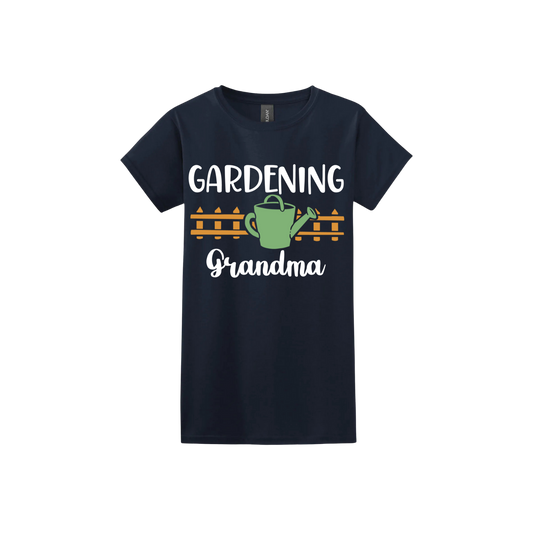 Navy womens tshirt with white text reading 'Gardening Grandma' with graphics of a picket fence and a green watering can.