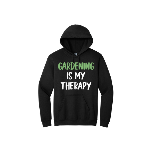 Black unisex hoodie with white and green text that reads 'Gardening Is My Therapy' in the center.