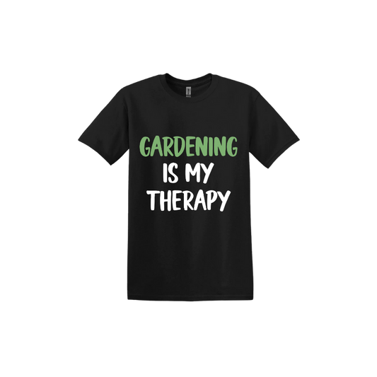 Black unisex tshirt with white and green text that reads 'Gardening Is My Therapy' in the center.