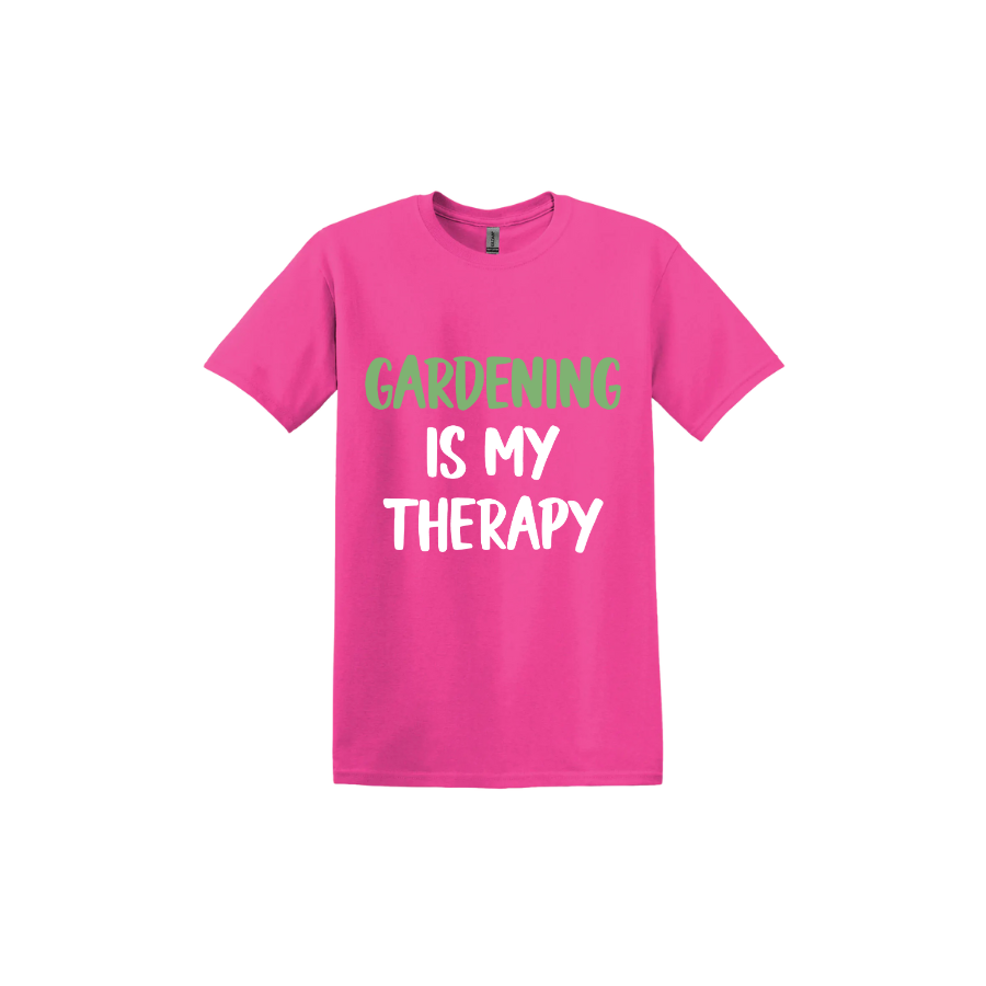 Heliconia unisex tshirt with white and green text that reads 'Gardening Is My Therapy' in the center.