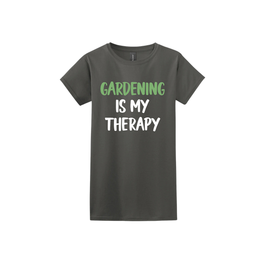 Charcoal womens tshirt with white and green text that reads 'Gardening Is My Therapy' in the center.
