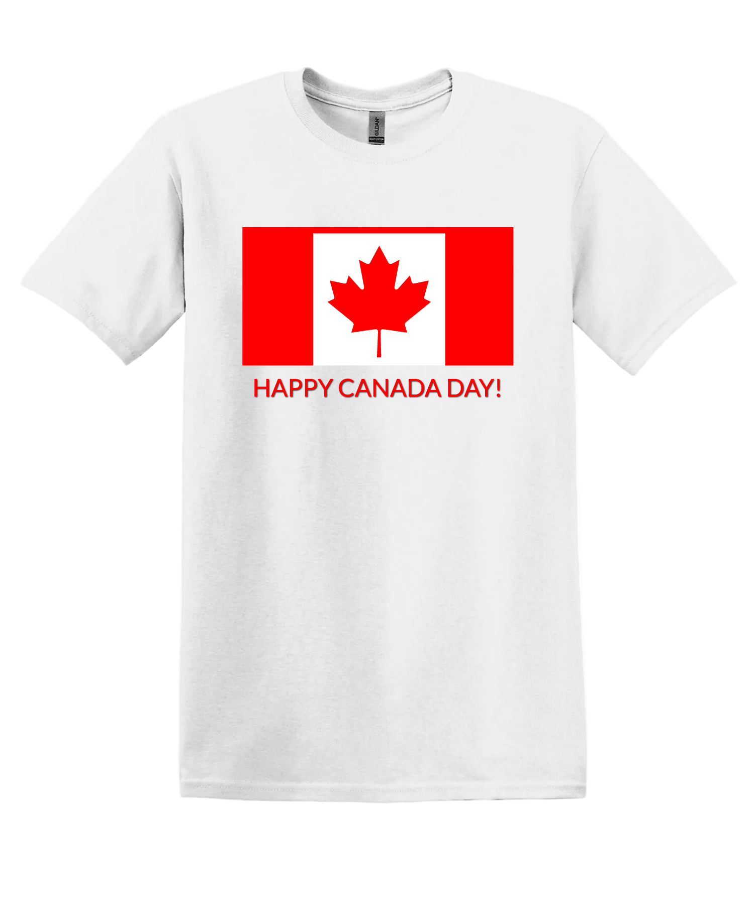 White unisex tshirt with a graphic of the Canadian flag with red text that reads "HAPPY CANADA DAY!"