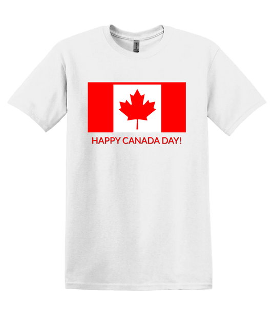 White unisex tshirt with a graphic of the Canadian flag with red text that reads "HAPPY CANADA DAY!"