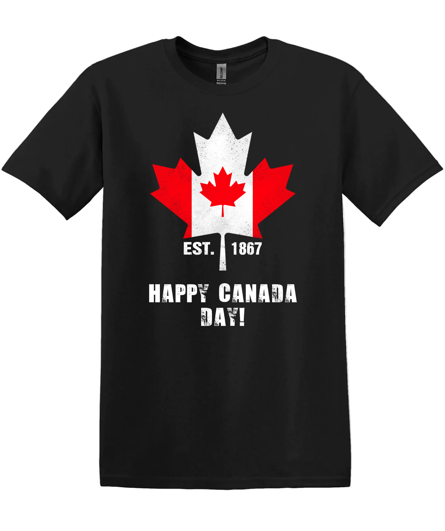 Black unisex tshirt with a graphic of the Canadian flag in the shape of a maple leaf along side text that reads "Happy Canada Day Est. 1867"