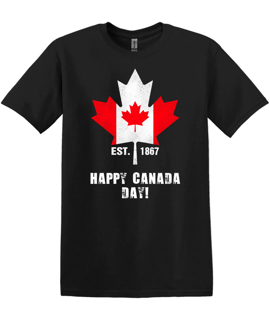 Black unisex tshirt with a graphic of the Canadian flag in the shape of a maple leaf along side text that reads "Happy Canada Day Est. 1867"