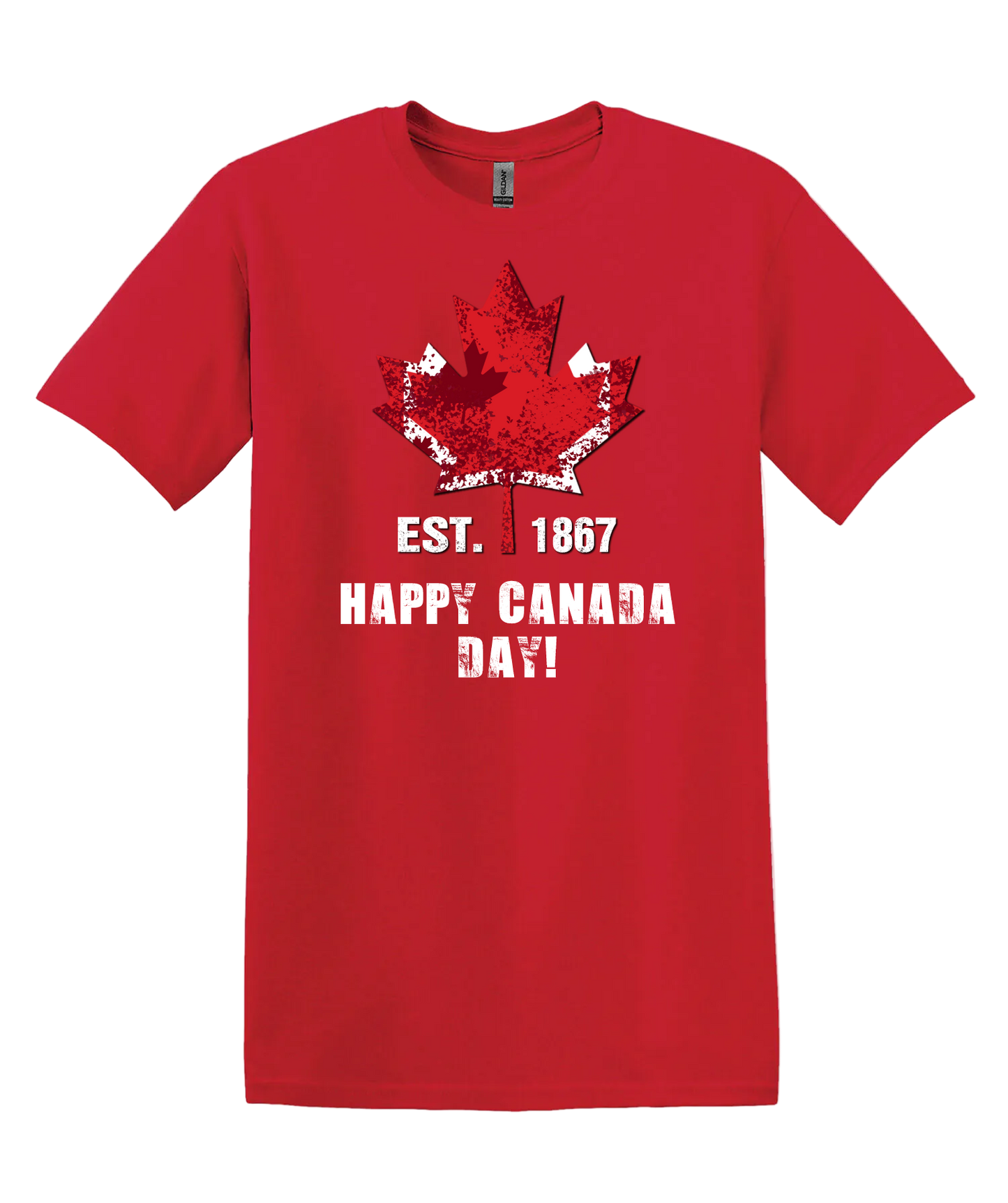 Red unisex t-shirt with a maple leaf graphic and white 'Happy Canada Day!' text.