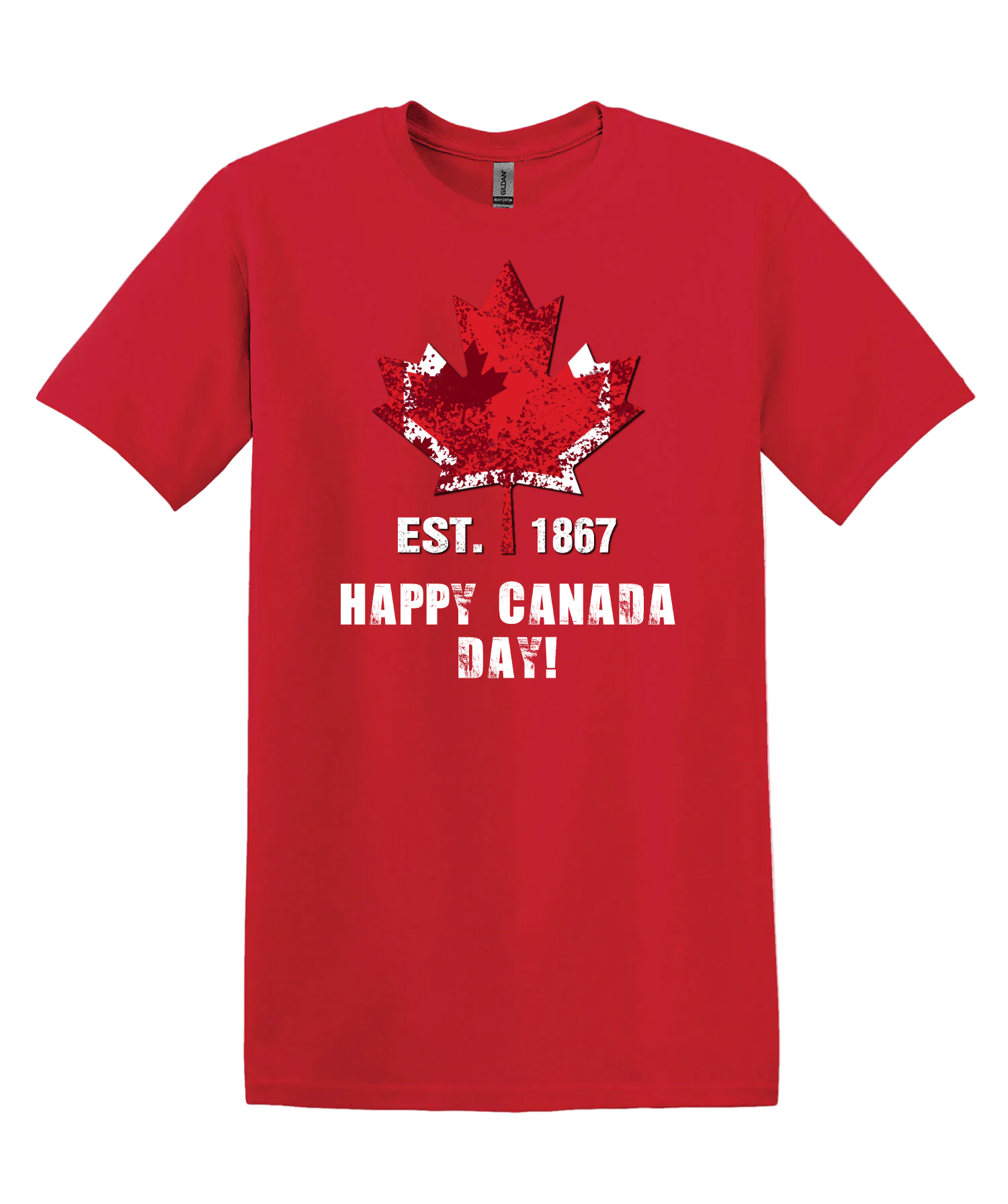 Red unisex t-shirt with a maple leaf graphic and white 'Happy Canada Day!' text.