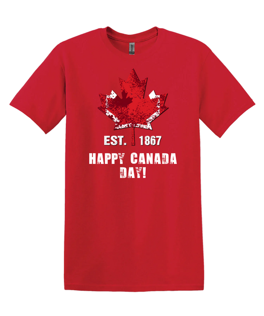 Red unisex t-shirt with a maple leaf graphic and white 'Happy Canada Day!' text.