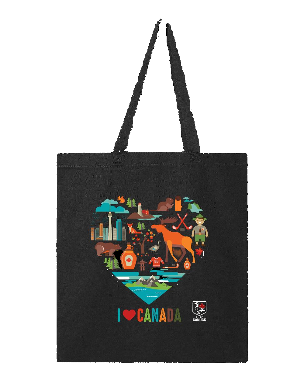 Black tote bag with colorful 'I heart Canada' design featuring various Canadian icons to form the heart.