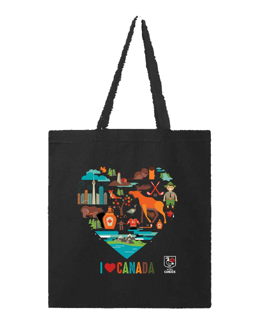 Black tote bag with colorful 'I heart Canada' design featuring various Canadian icons to form the heart.