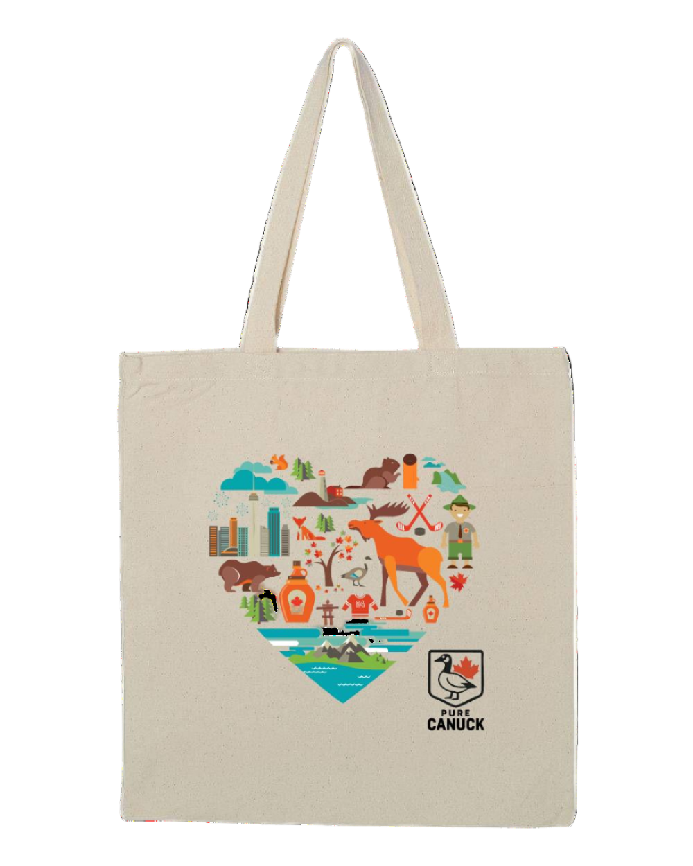 White tote bag with colorful 'I heart Canada' design featuring various Canadian icons to form the heart.