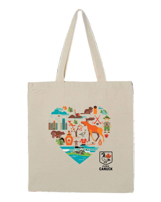 White tote bag with colorful 'I heart Canada' design featuring various Canadian icons to form the heart.
